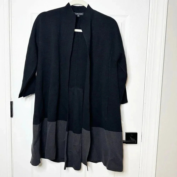 EILEEN FISHER Silk Cotton Blend Colorblock‎ Black Gray Coatigan Duster Sz Small - Picture 1 of 7